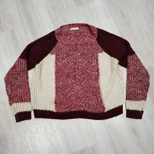 Cozy Casual Women's Knit Long Sleeve Pullover Sweater Burgundy White Size M/L